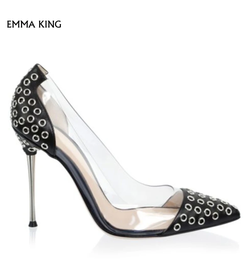 

Grommets and Nailhead Heel Pumps Stiletto Heels PVC Upper Slip-on Style Pointed Toe Plus Size sapato feminino Party Shoes Woman