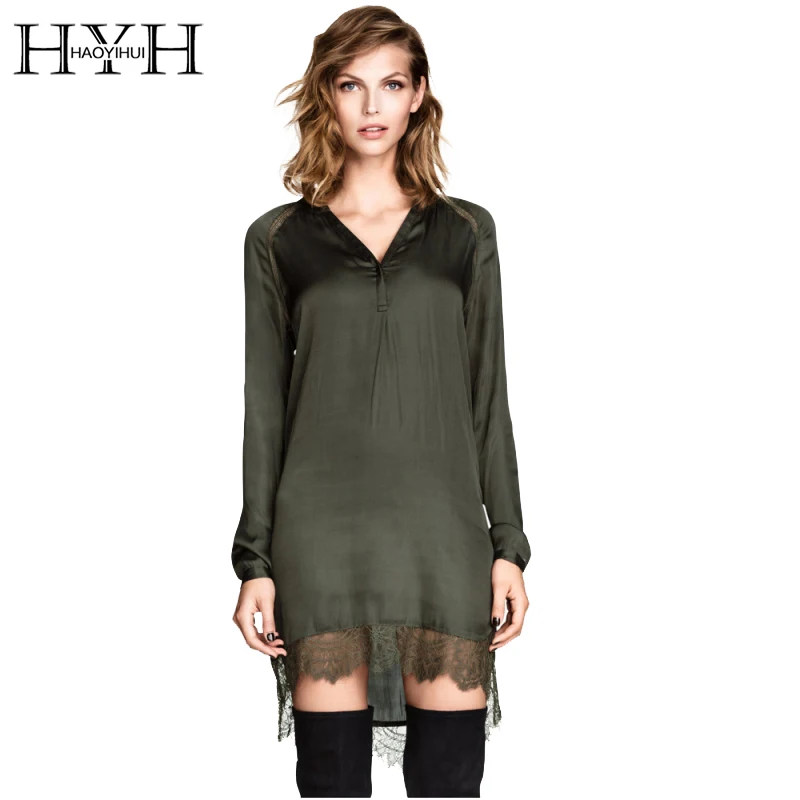 HYH HAOYIHUI Sexy Guarnição Do Laço Vestido de Camisa Das Mulheres Do Exército Verde Patchwork Com Decote Em V Vestido Solto Vestidos de Manga Longa Mini Vestidos de Verão