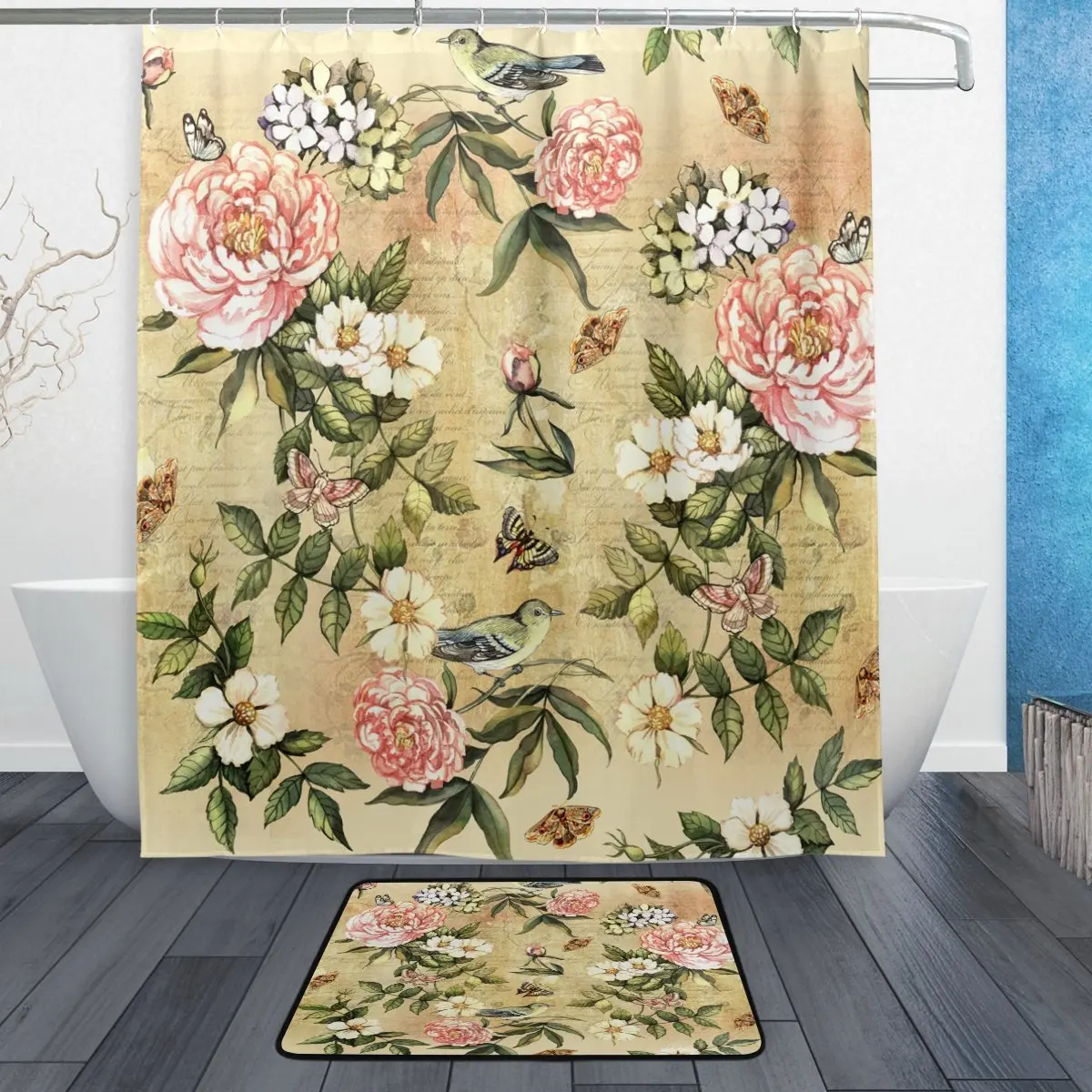 Watercolor Vintage Flower Bird Waterproof Polyester Fabric