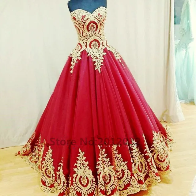 Red with Gold Appliques Evening Dresses Lace Up Back A Line Sweetheart