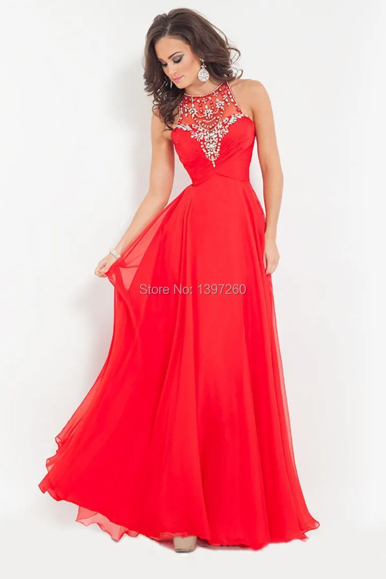 New Fashion Red Prom Dresses 2017 Halter Beading and Crystal Chiffon