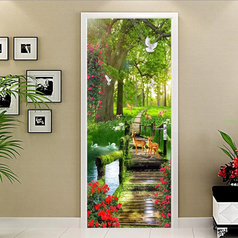 3D Wallpaper Green Forest Animal Door Sticker Living Room Bedroom PVC Self-Adhesive Waterproof Wall Paper Creative DIY Stickers
