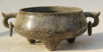 

free shipping song voge gem S5880 8" Old Marked Chinese Bronze Folk 3 Foot circular handle Incense Burner Censer