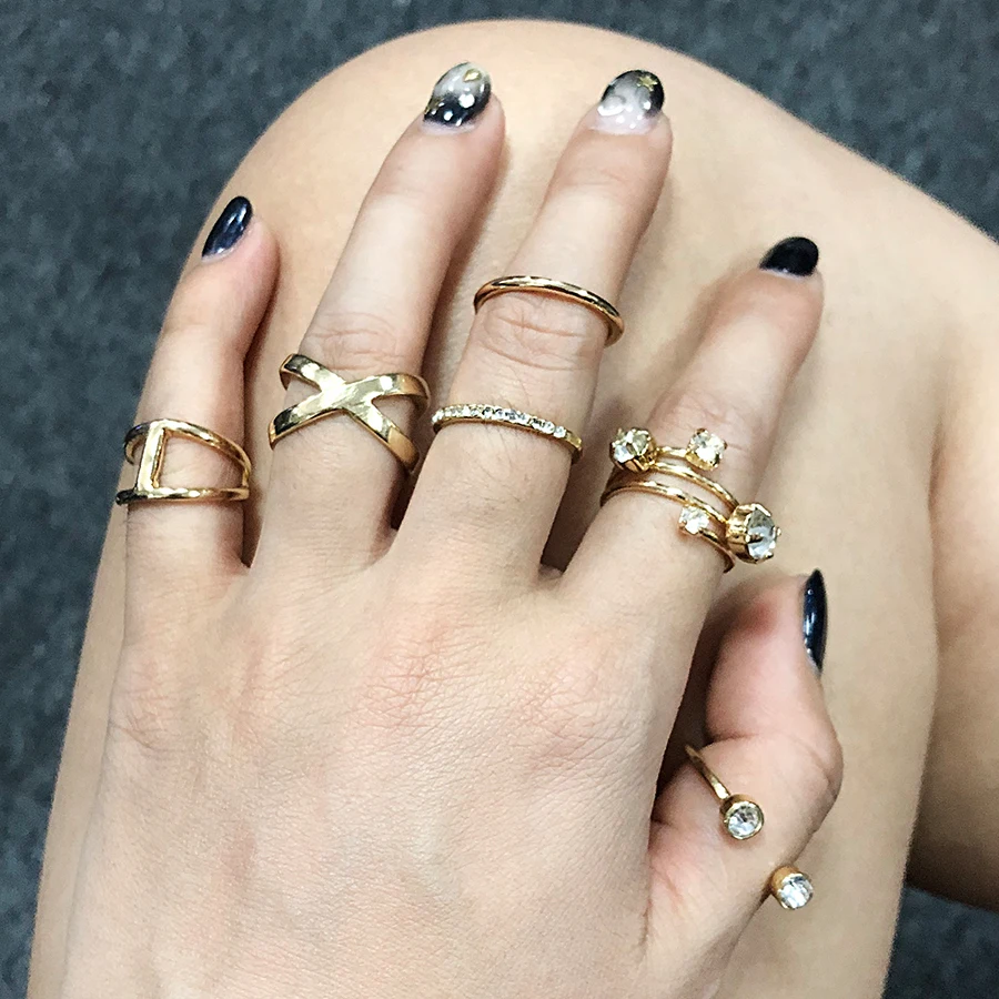 MQ fashion Rings 6pcs/Set Hot Exquisite Unique Charm Crystal Gold Midi Finger Ring Set for Woman Fashion Statement Jewelry Gifts | Украшения