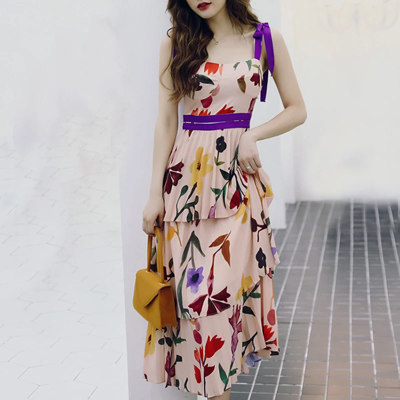 

Fashion Newest Stylish 2019 Runway Designer dress Women's Spaghetti Strap Cascading Ruffle Pleated Dress