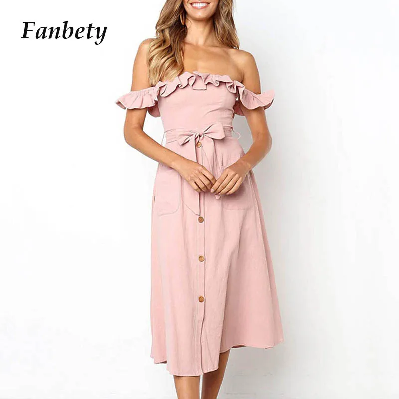 

Fanbty Sexy off shoulder ruffle women dress 2019 Elegant button summer midi dress Casual female solid belt beach dress vestidos