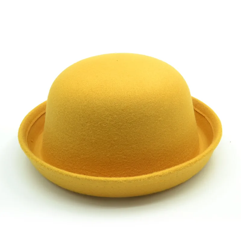 Модная популярная женская шляпа Fedora винтажная Дамская милая детская трендовая шерстяная фетровая шляпа Боулер Дерби гибкие шляпы для девочек и мальчиков - Цвет: Цвет: желтый