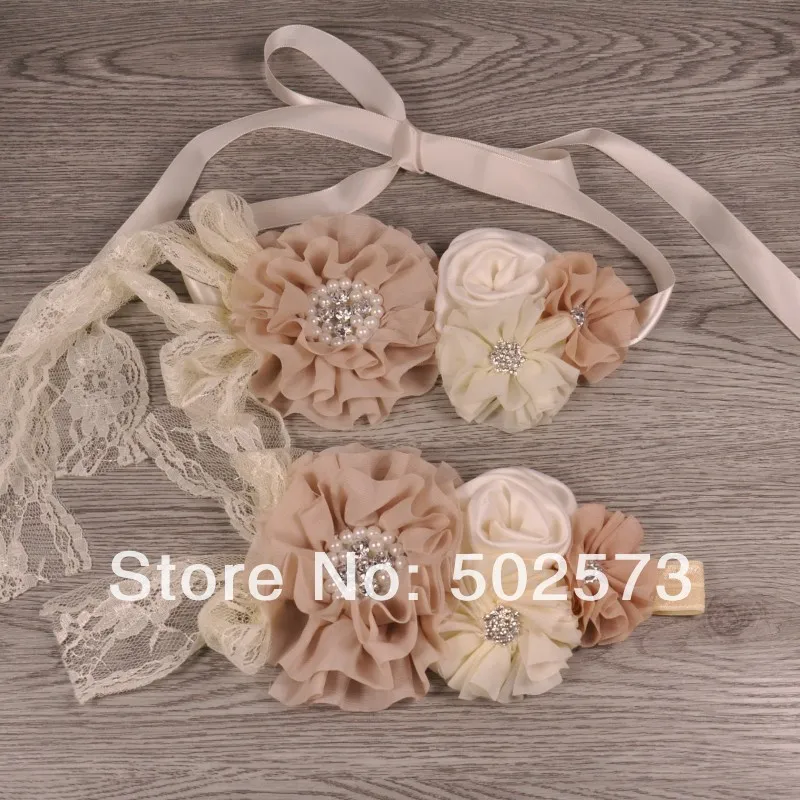 

8set/lot Ivory Baby Girl Sash and Matching Headband Photography Props QueenBaby