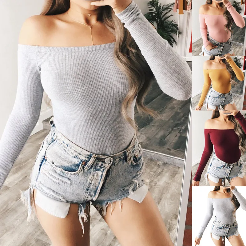 

Grey Solid Long Sleeve Knitted Sexy Bodycon Bodysuit Women 2018 BKLD Spring Autumn New Ribbed Button Slash Neck Romper Jumpsuits