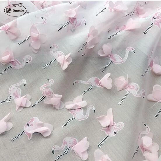 

Three-dimensional flamingo print Add chiffon stereo flowers Scarf shawl clothing fabric width 1.3 meters RS919