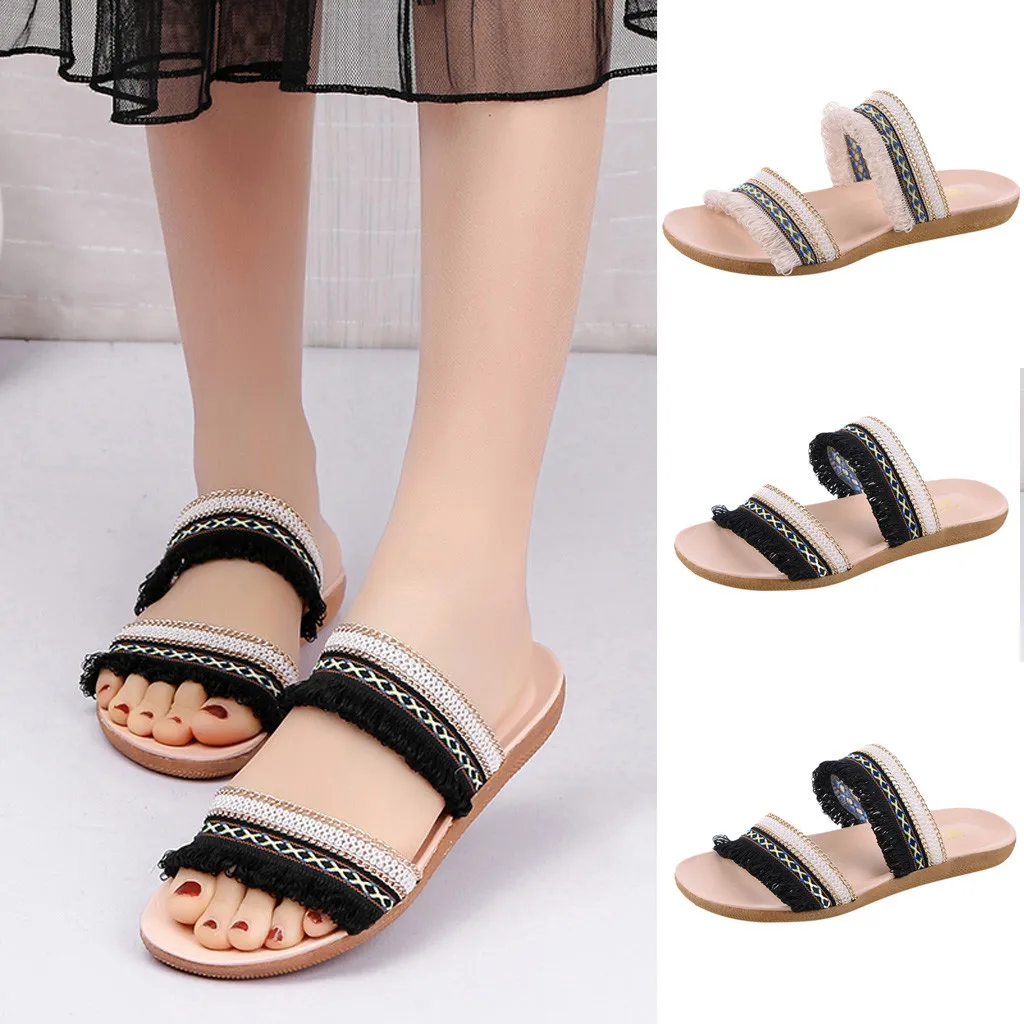 

Women's Summer Slip-On Flat Tassel Open Toe Beach Breathable Slippers Slip on Flats Female Slides Tassel Women Rome Shoes %50