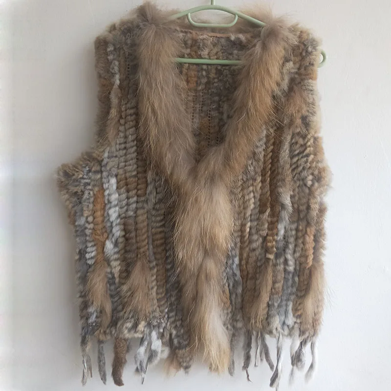 

Stock Knitted Real Rabbit Fur Vest Women Fashion Real Fur Vests With Tassel For Ladies Sleeveless Autumn Fur Gilets Female