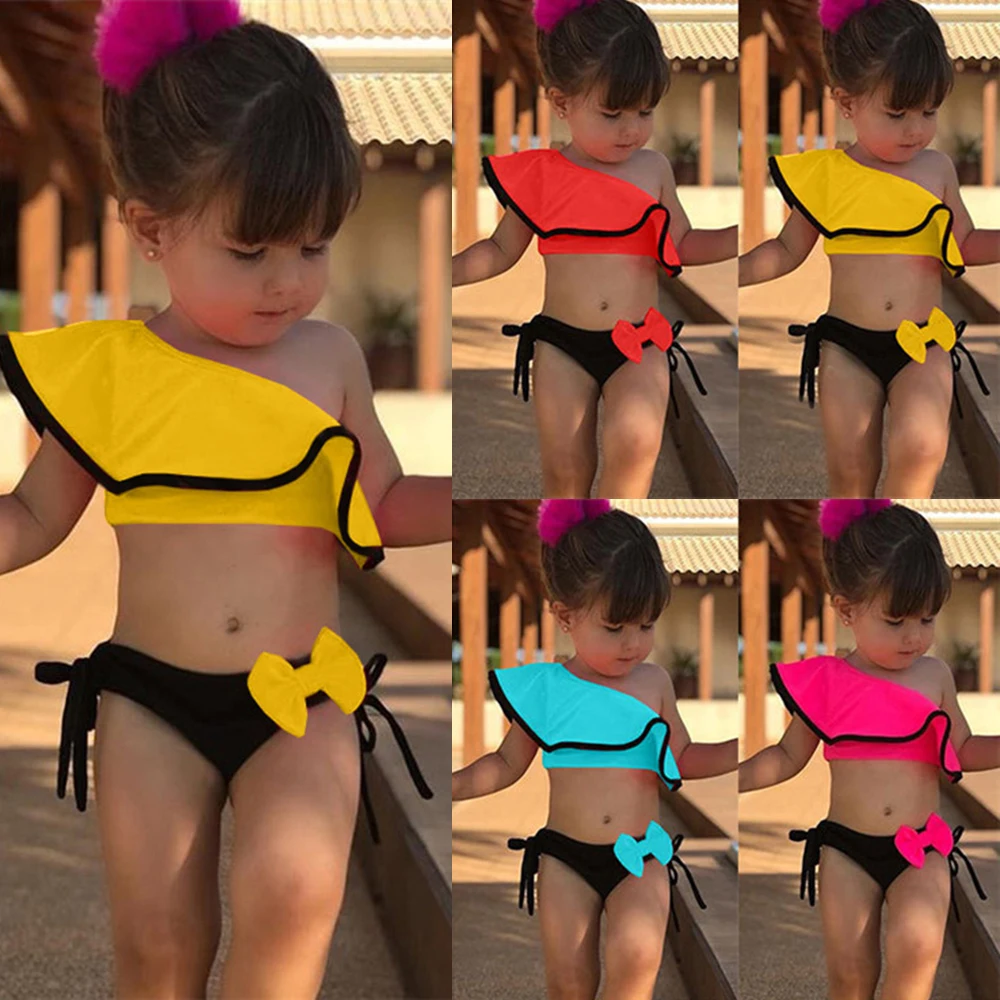 Детский купальник с рюшами ярких цветов на одно плечо для девочек, купальный костюм на лето, милое бикини из двух предметов, пляжный костюм