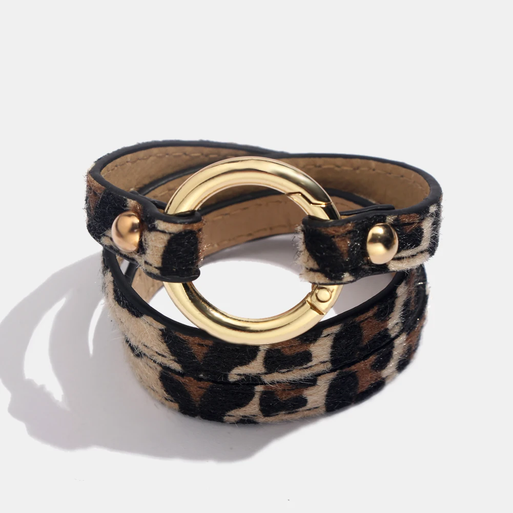 Flatfoosie Fashion ZA Leopard Bangle Bracelets For Women Boho Gold Color Button Vintage Leather Bracelet Christmas Punk Jewelry - Окраска металла: C0019YW