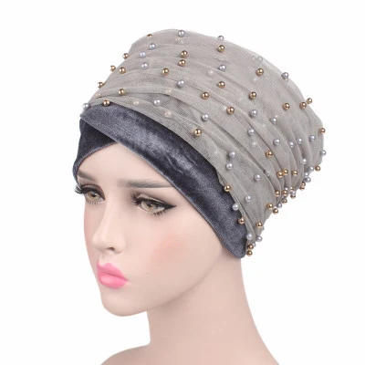 Дизайн мусульманский Skullies& Beanies сетка& бархат шарф шапка для женщин роскошный бренд жемчужный платок африканская шапка тюрбан - Цвет: Цвет: желтый
