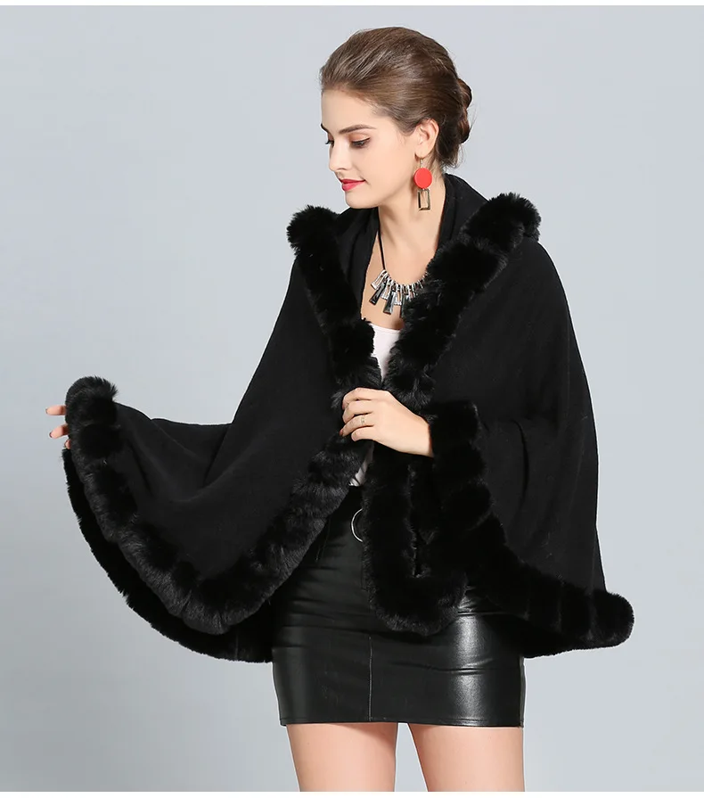 European Women Cloak Faux Fox Fur Patchwork Woolen Coats 2019 Autumn Winter Female Hooded Outerwear Wool Jackets Party Clothing black puffer coat with hood
