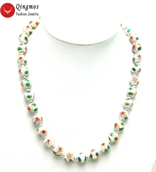 

Qingmos White Cloisonne Choker Necklace for Women with 12mm White Round Cloisonne White Flower 20" Necklace Fine Newelry-5964