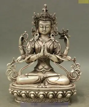 

S03832 8" Tibet Buddhist Silver 4 Hands Chenrezig Buddha Avalokiteshvara GuanYin Statue