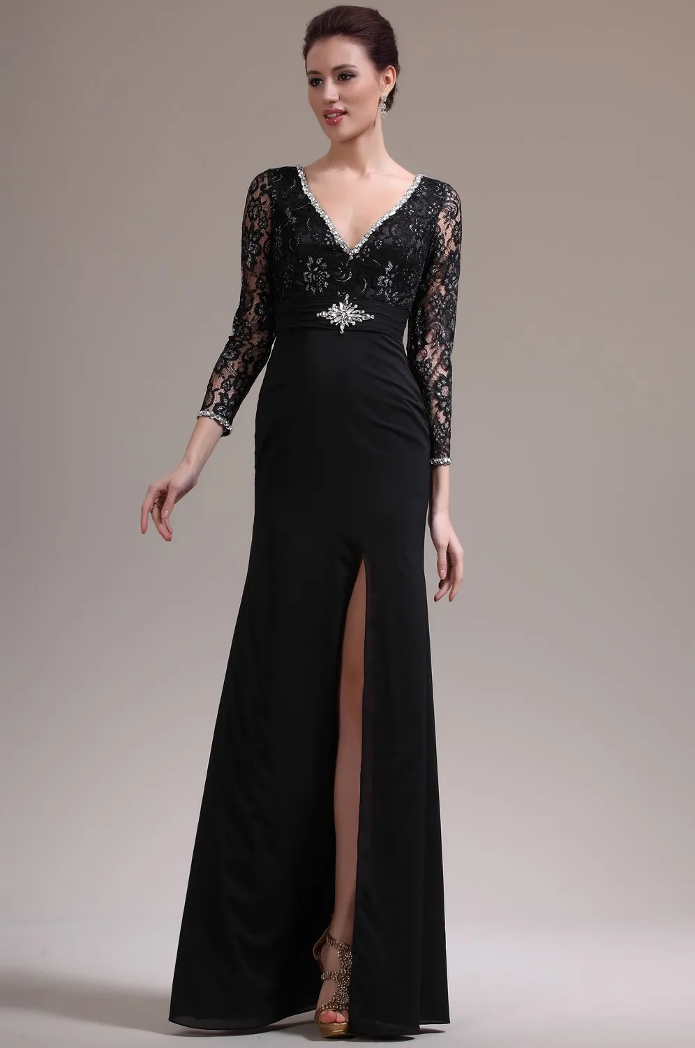 vestidos Modest Empire Side Slit Black Evening Dress Three Quarter