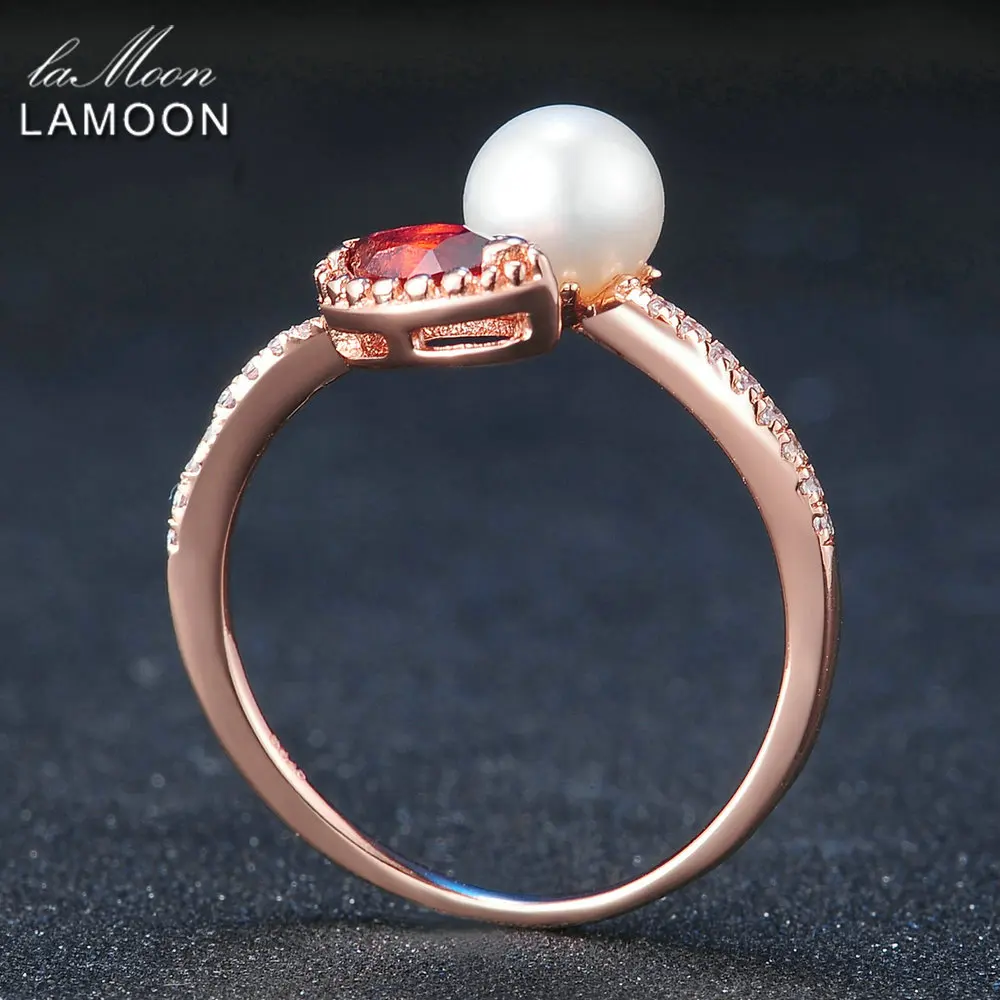 LAMOON Natural Red Garnet Freshwater Pearl 925 Sterling Silver Jewelry Wedding Ring with S925 For Women LMRI048