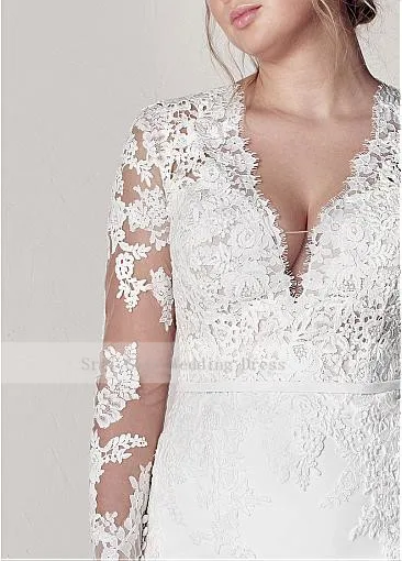 Modest-V-Neck-Lace-Wedding-Dresses-Long-Sleeve-Illusion-Appliques-Mermaid-Plus-Size-Bridal-Gowns-2019 (2)