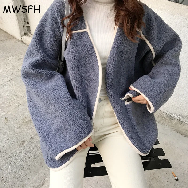 

Wool Locomotive Lamb Wool Contrast Wrapping Pocket Cardigan Jacket Women's Long Sleeve Plus Size Autumn Jacket Women