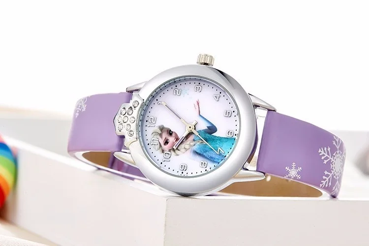 fashion kids children girls boys 3D cartoon snow Queen Princess Watch students sister birthday gift party quartz wrist watches - Цвет: Purple