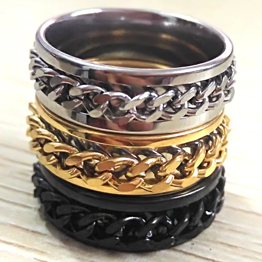 

30pcs Gold Silver Black Men's Chain Ring Quality Spin 316L Stainlesss Steel Spinner Rings Wholesale Cool Punk Jewelry Top Gift