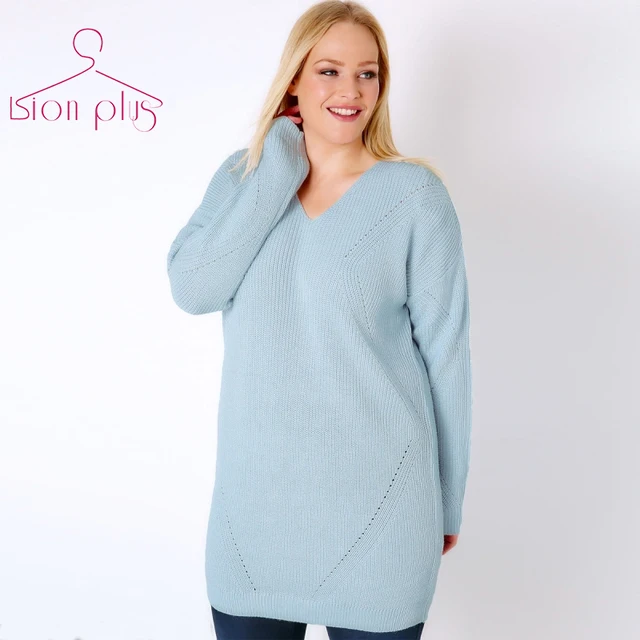 Light Blue Long Women's Sweater Oversized 5XL 4XL XXXL 2017 Autumn Back Hollow Out V Neck Female 