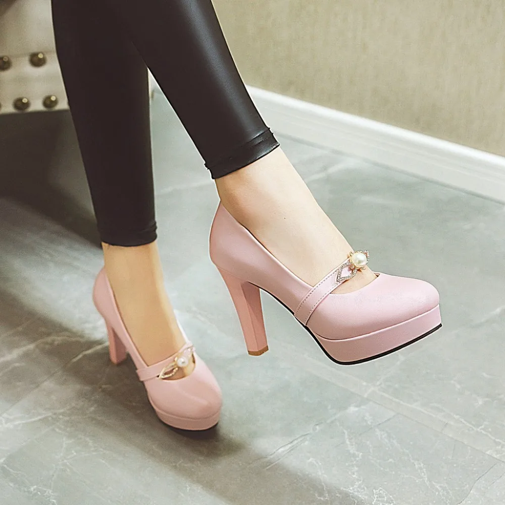 

Dress Shoes Women With Crystal Spring/Autumn Large Size 48 Fashion Beige PU Slip-On Round Toe Thick Square Heels Women Shoes