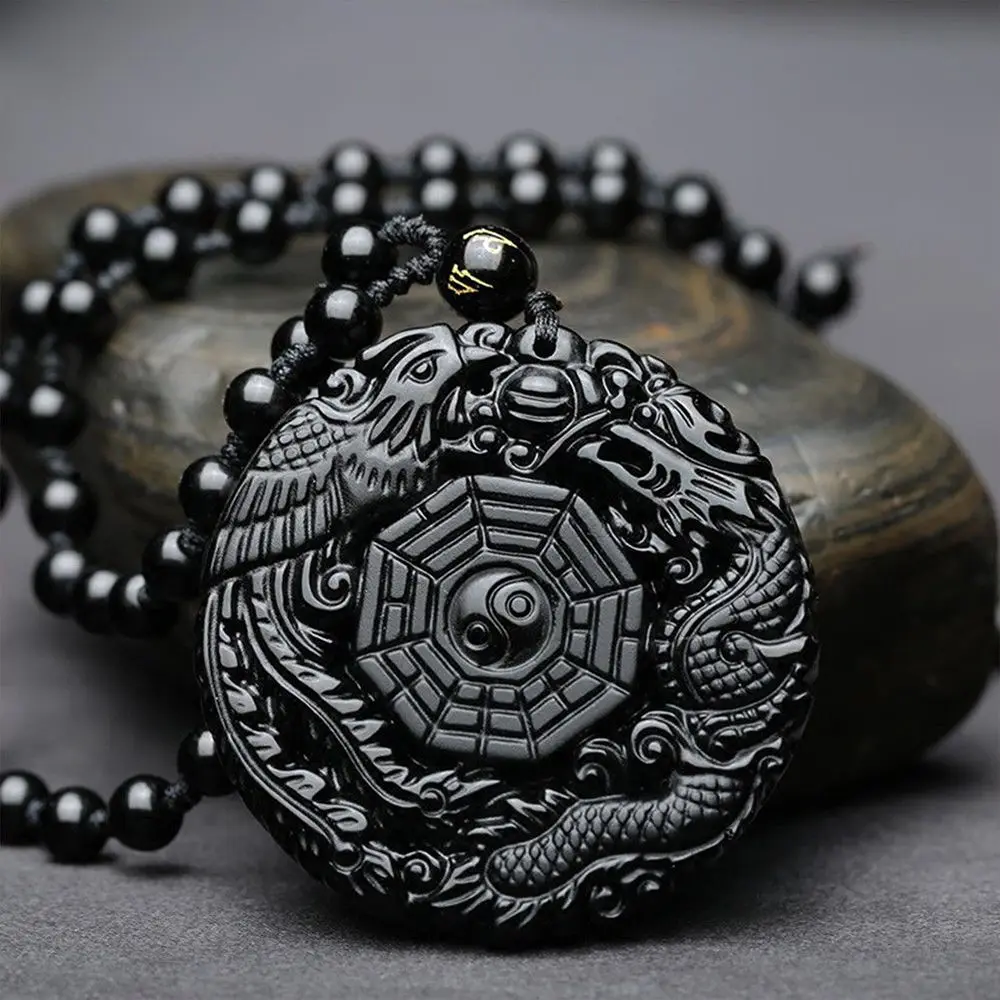 Черный обсидиан натуральный камень резной китайский Багуа кулон ожерелье с бисером цепи тайцзи Инь Ян счастливый амулет ювелирные изделия подарок