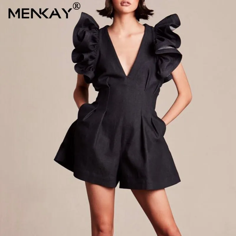 

[MENKAY] Black Jumpsuits For Women V Neck Ruffle Sleeve High Waist Short Pants Female 2019 Spring Streetwear Fashion Tide
