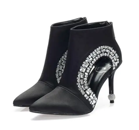 

Crystal pointed toe high heel ankle boots for women Fashion black hollow zipper short boots for ladies Female dress shoes