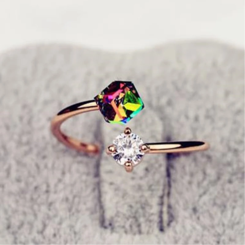 

The Personality Party Commitment Gift Shining Rose Gold Multi-color CZ Crystal Elements Rings For Women Lovers Open Ring Hot