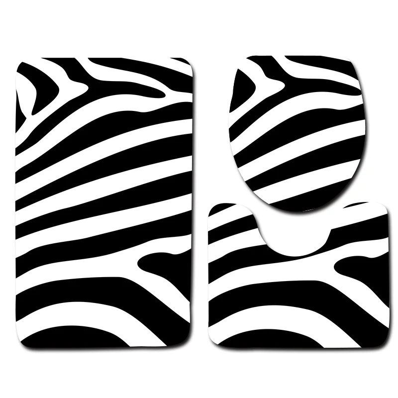 

3pcs Non Slip Rug Pad Sets Black and White Zebra Pattern Non Slip Tape Bathroom Floor Mat and Toilet Mat Sets