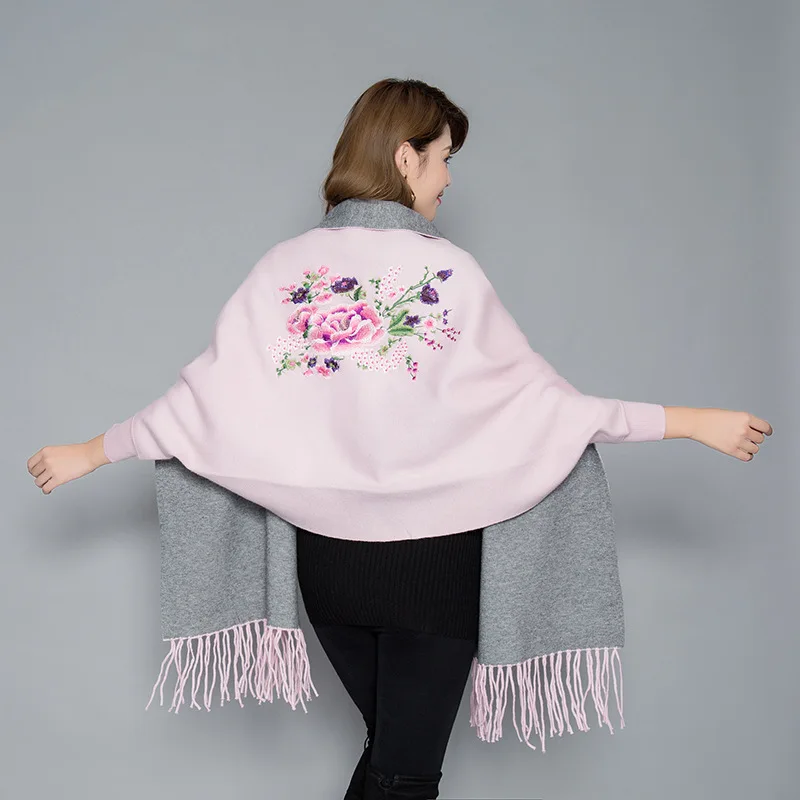 

winter scarf women wool plum embroidered sleeve cashmere coat cloak thickening double sided air dual-purpose shawl