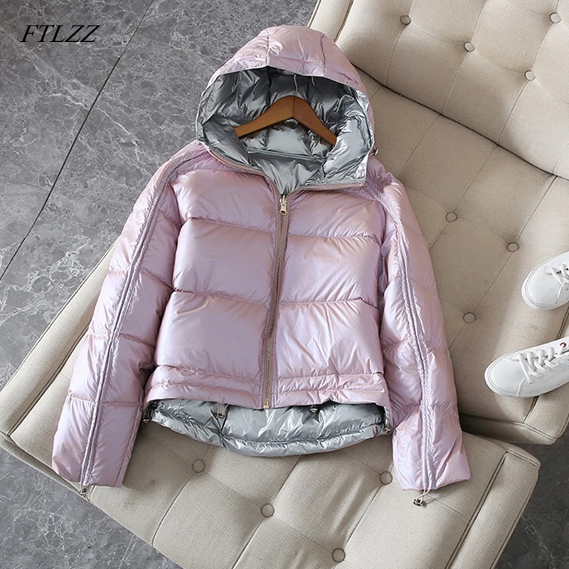 FTLZZ Silver Pink Down Coat Winter Jacket Women Hooded White Duck Down Parkas Female Loose Double Sided Waterproof Outerwear