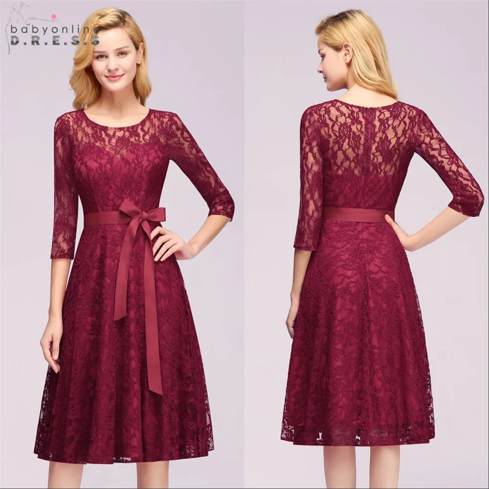 

New Arrival Plus Size Lace Short Evening Dress 2019 Three Quarter Sleeve Evening Party Dresses with Sashes Robe de Soiree Courte