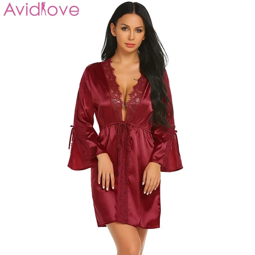 Avidlove Autumn Sleeve Sexy Nightwear Robes Lace Floral Long Satin Patchwork Nightgown Women Short Dressing Gowns for Women