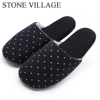 

STONE VILLAGE High Quality Spring Autumn Black Polka Dot Mute Home Slippers Soft Cloth Bottom Silent Women Slipper Shoes