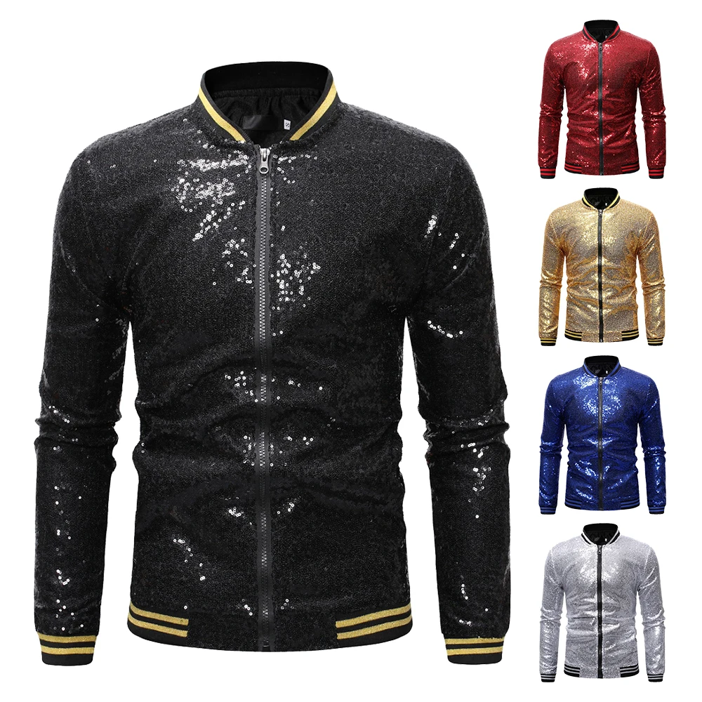 

Oeak 2019 Men Shiny Sequin Jackets Gold Sequin Glitter Men Slim Fit Jackets Men Nightwear DJ Clothing Fashion Streetwear