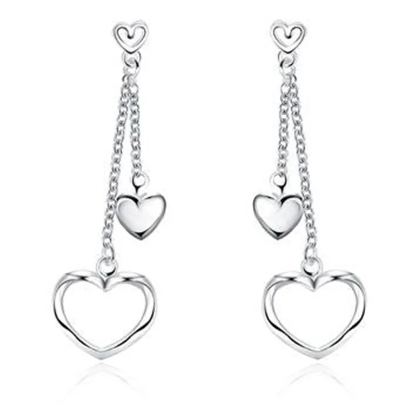 

New Dangle Earrings Solid 925 Sterling Silver Big And Little Heart Bridal Bridesmaid Jewelry 007