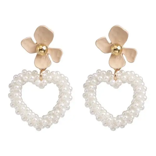 In Stock Yellow Flower Pearl Heart Love Large Hoops Alloy Earrings Jewelry For Ladies