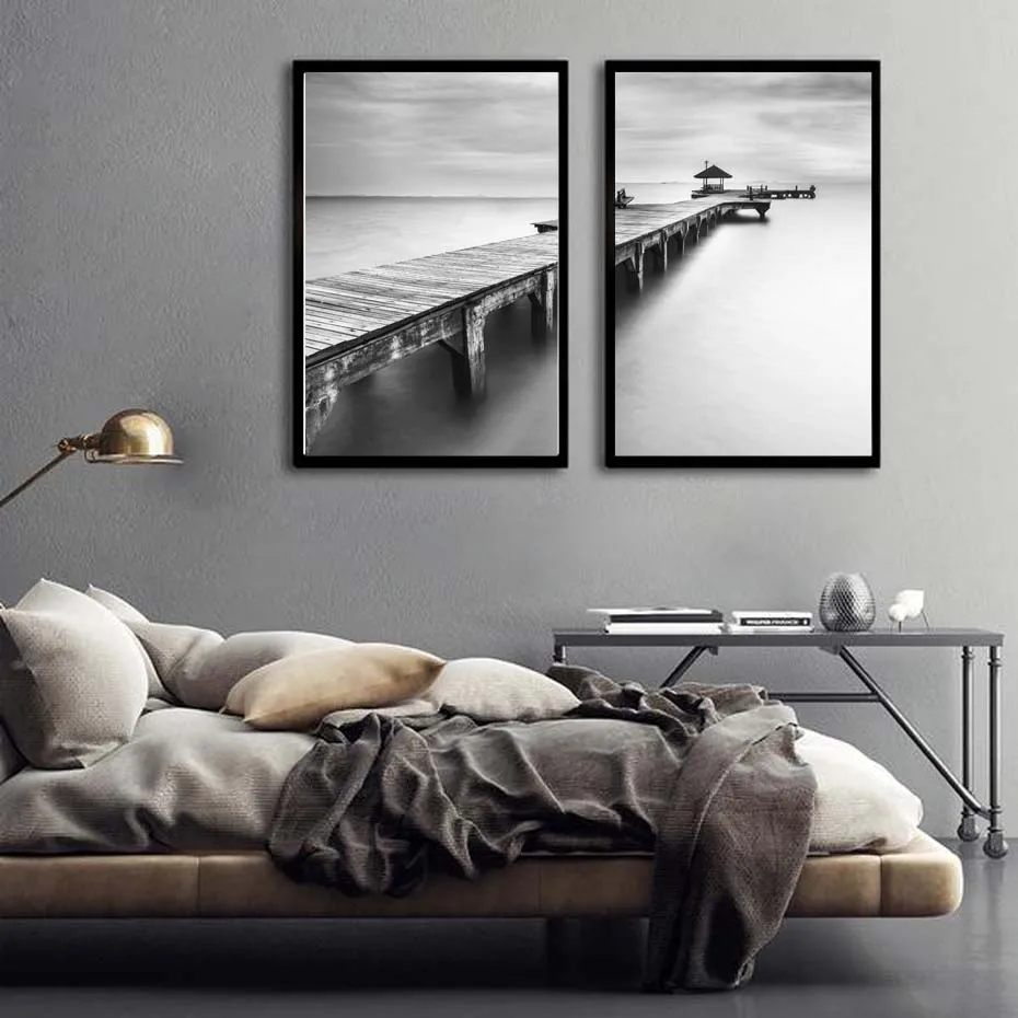 Black White Modular Sea Scenery Posters & Prints Nordic Bridge Canvas Painting On The Wall Decoration For House Wall Art Picture (1)