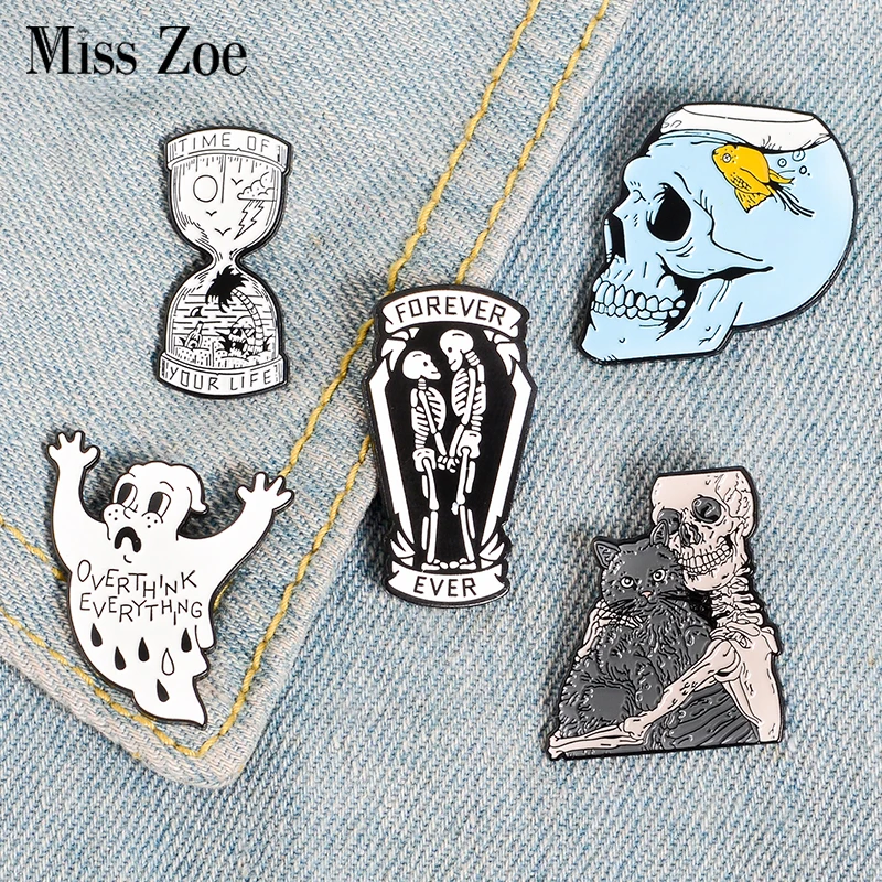 

Your Life Hourglass Enamel Pin Ghost Skeleton Fish Tank Skull Badge Brooch Bag Denim Shirt Lapel Pin Gothic Cat Jewelry Gift