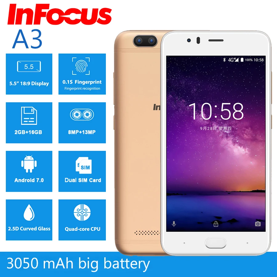 Infocus A3, мобильный телефон, 5,2 дюймов, LTE, 4G, смартфон, 2 Гб+ 16 ГБ, 3050 мАч, четырехъядерный телефон, отпечаток пальца, двойной, Android 7,0, сотовые телефоны