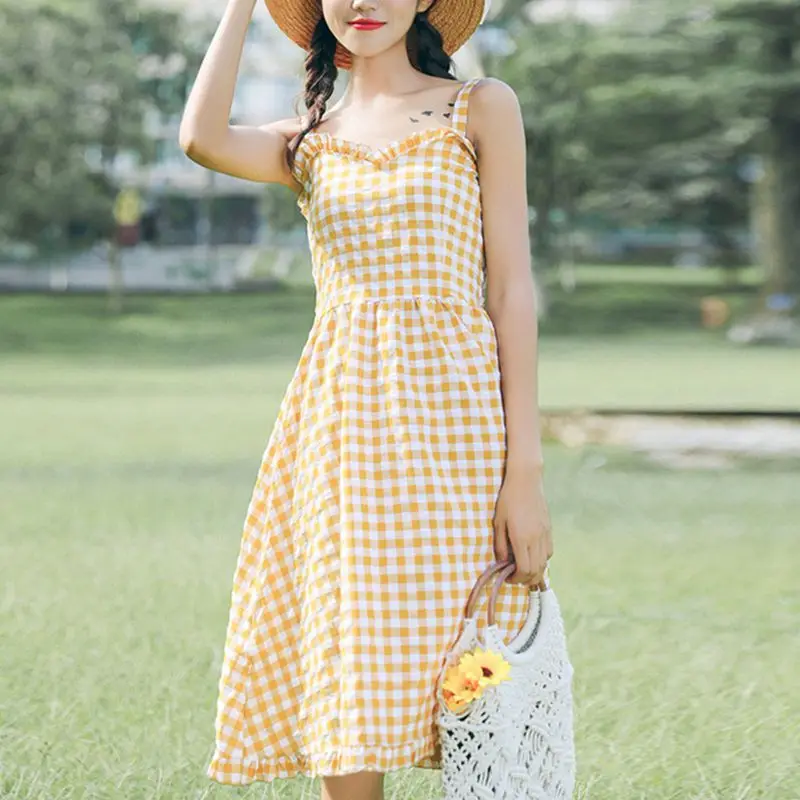 

Mferlier Mori Girl Plaid Sundress Ruffles Spliced V Neck Sleeveless Green Red Yellow Summer All Match Women Chic Spaghetti Dress