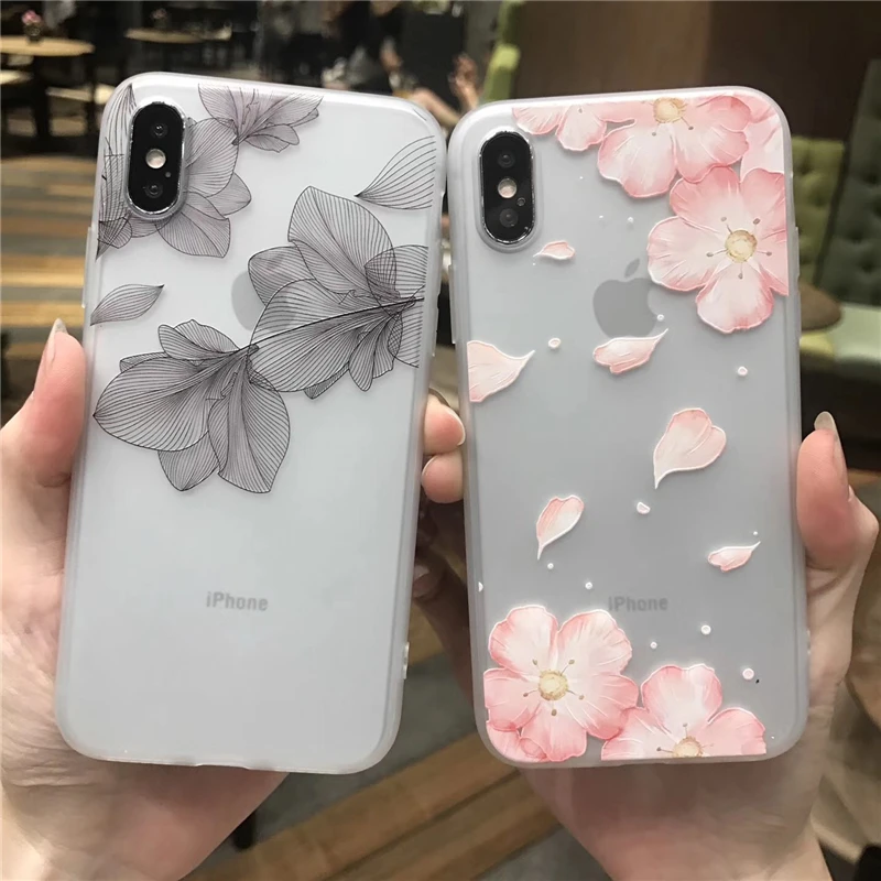 

Cherry petals 3D Relief Silicone Case for iphone X 7 7Plus lace leaves TPU Case For iphone 6 6s 8 8plus 6splus back cover