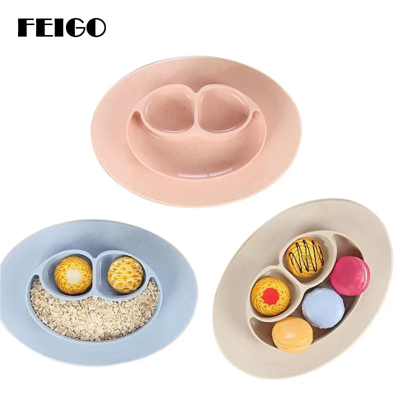 

FEIGO Creative Children Smiley Face Snack Plate Wheat Straw Food Grade PP Solid Table Mat Cartoon Baby Plate Cutlery 26.5cm F22