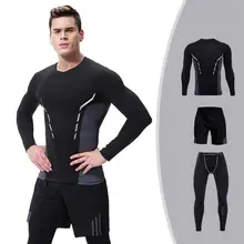 3 Pieces Men GYM Compress Fitness Sets Long Tee Top + Legging + Shorts Workout Exercise Sport Shirts Running Tights E107